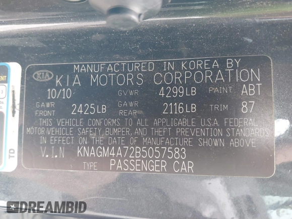 2011 Kia Optima LX with VIN KNAGM4A72B5057583, listed as a IAAI auction lot 41649320 with 207,898 mi miles and . Bid and sale history available at DreamBid. Image 9.
