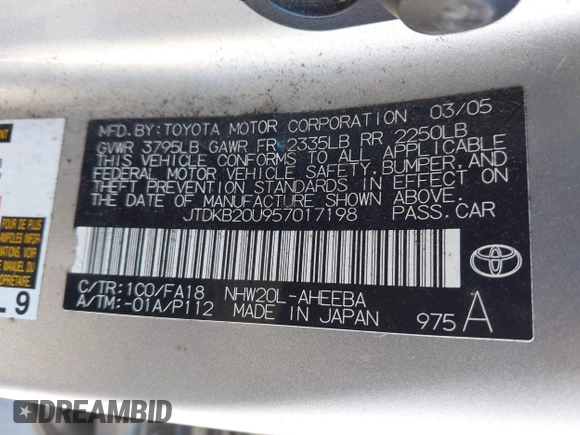 2005 Toyota Prius with VIN JTDKB20U957017198, listed as a IAAI auction lot 42227262 with 241,187 mi miles and . Bid and sale history available at DreamBid. Image 9.