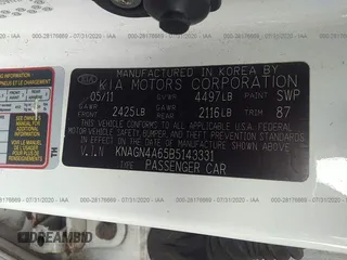 2011 Kia Optima EX with VIN KNAGN4A65B5143331, listed as a IAAI auction lot 28176669 with 162,919 mi miles and . Bid and sale history available at carsss.com. Image 9.