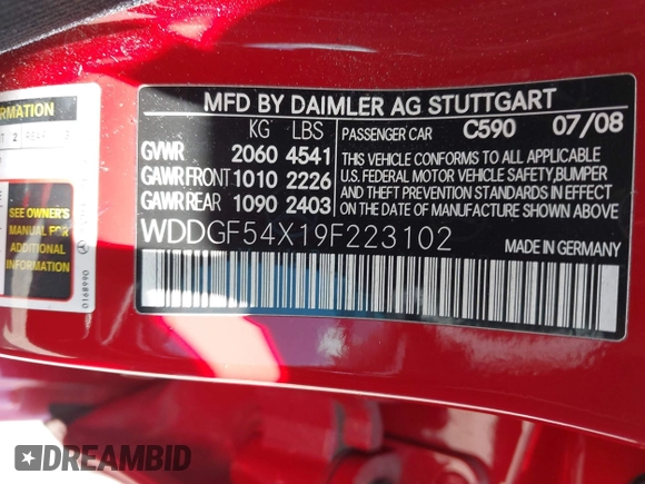 2009 Mercedes-Benz C 300 Sport with VIN WDDGF54X19F223102, listed as a IAAI auction lot 42522356 with Not provided miles and . Bid and sale history available at DreamBid. Image 9.
