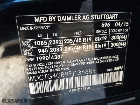 2015 Mercedes-Benz GLA-Class GLA 250 with VIN WDCTG4GB9FJ136888, listed as a IAAI auction lot 40625069 with NaN miles. Bid and sale history available at carsss.com. Image 9.