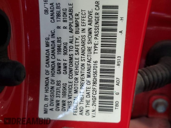 2016 Honda Civic EX with VIN 2HGFC2F78GH567016, listed as a Copart auction lot 56976675 with Not Provided miles and Salvage Title. Bid and sale history available at DreamBid. Image 12.