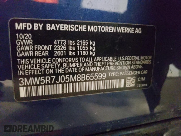 2021 BMW 3 Series 330i xDrive with VIN 3MW5R7J05M8B65599, listed as a Copart auction lot 51707945 with 50,278 mi miles and Salvage Title. Bid and sale history available at DreamBid. Image 12.