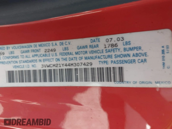 2004 Volkswagen Beetle with VIN 3VWCM21Y44M307429, listed as a IAAI auction lot 42247301 with 60,166 mi miles and . Bid and sale history available at DreamBid. Image 9.