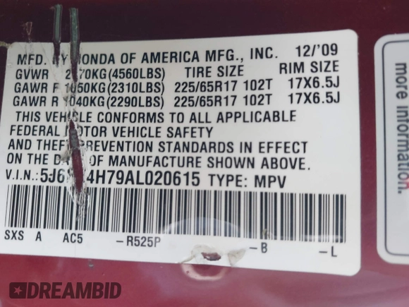 2010 Honda CR-V EX-L with VIN 5J6RE4H79AL020615, listed as a IAAI auction lot 42517632 with 224,037 mi miles and . Bid and sale history available at DreamBid. Image 9.