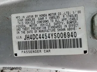 2000 Acura Integra LS with VIN JH4DC4454YS006940, listed as a Copart auction lot 54518205 with 191,509 mi miles and Salvage Title. Bid and sale history available at carsss.com. Image 12.