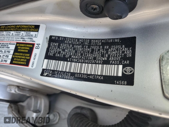2008 Toyota Avalon XL with VIN 4T1BK36B38U297892, listed as a Copart auction lot 55530835 with 218,244 mi miles and Clean Title. Bid and sale history available at carsss.com. Image 12.