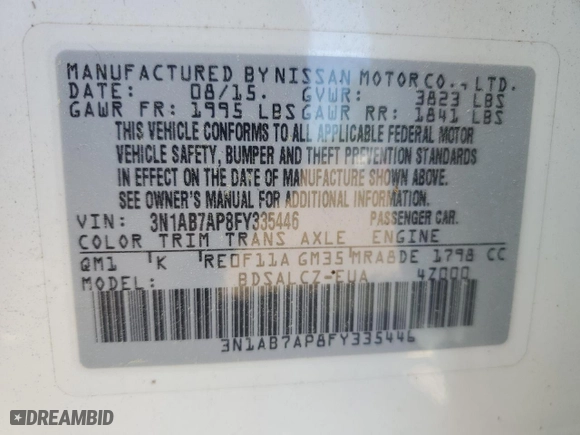 2015 Nissan Sentra S with VIN 3N1AB7AP8FY335446, listed as a Copart auction lot 54152695 with 64,066 mi miles and Salvage Title. Bid and sale history available at carsss.com. Image 12.