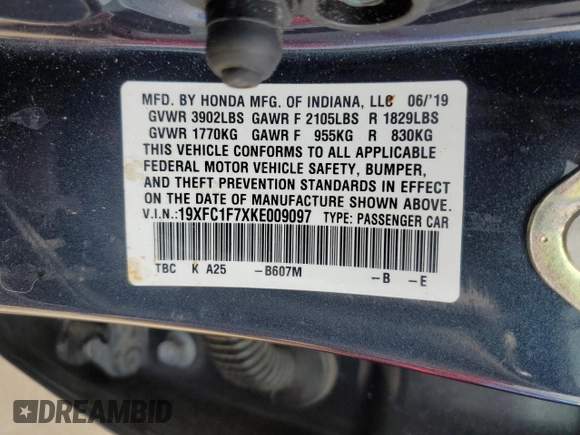 2019 Honda Civic EX-L z VIN 19XFC1F7XKE009097, wystawiony jako Copart lot #56054825 z przebiegiem 72 868 mil mil oraz Szkoda całkowita • Salvage title. Historia ofert i sprzedaży dostępna na DreamBid. Obrazek 12.