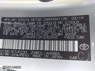 2019 Toyota Prius L Eco with VIN JTDKARFU2K3082593, listed as a IAAI auction lot 41657698 with 239,412 mi miles. Bid and sale history available at carsss.com. Image 9.