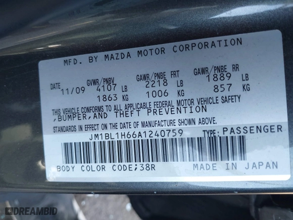 2010 Mazda Mazda3 s Sport with VIN JM1BL1H66A1240759, listed as a IAAI auction lot 41836512 with 59,267 mi miles. Bid and sale history available at carsss.com. Image 9.
