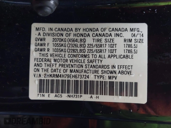 2014 Honda CR-V EX-L with VIN 2HKRM4H79EH673724, listed as a IAAI auction lot 41997032 with 129,075 mi miles. Bid and sale history available at carsss.com. Image 9.
