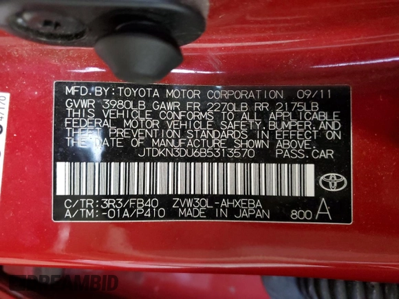 2011 Toyota Prius I z VIN JTDKN3DU6B5313570, wystawiony jako Copart lot #60066445 z przebiegiem 202 296 mil mil oraz Czysty tytuł • Clean title. Historia ofert i sprzedaży dostępna na DreamBid. Obrazek 12.