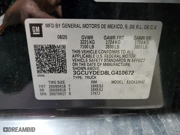 2020 Chevrolet Silverado 1500 LT with VIN 3GCUYDED8LG410672, listed as a Copart auction lot 53932215 with 170,476 mi miles and Salvage Title. Bid and sale history available at carsss.com. Image 12.