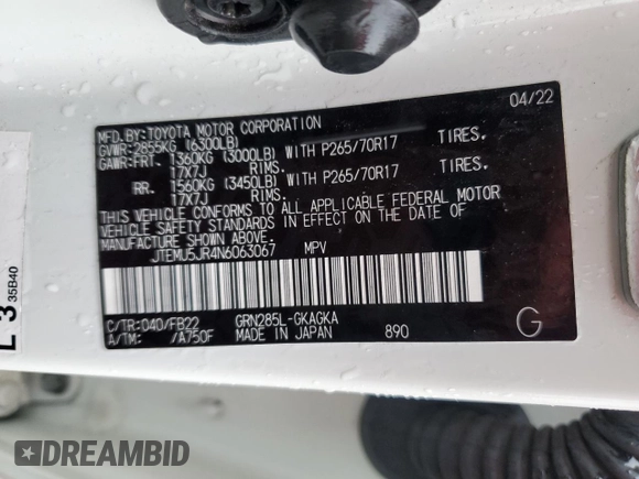2022 Toyota 4Runner SR5 with VIN JTEMU5JR4N6063067, listed as a Copart auction lot 43328195 with 62,285 mi miles and Clean title. Bid and sale history available at DreamBid. Image 14.