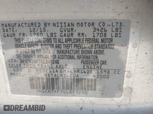2016 Nissan Versa S with VIN 3N1CN7AP7GL849240, listed as a IAAI auction lot 42528378 with 142,171 mi miles and . Bid and sale history available at DreamBid. Image 9.