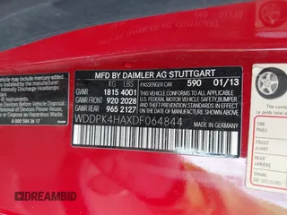 2013 Mercedes-Benz SLK-Class SLK 250 with VIN WDDPK4HAXDF064844, listed as a IAAI auction lot 41238237 with 61,180 mi miles. Bid and sale history available at carsss.com. Image 9.