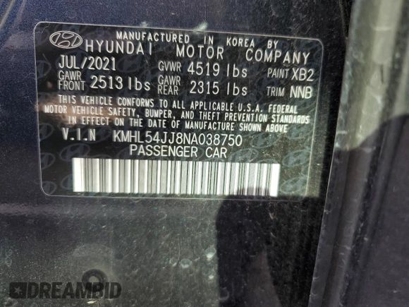 2022 Hyundai Sonata Hybrid Limited with VIN KMHL54JJ8NA038750, listed as a Copart auction lot 46151403 with 9,401 mi miles. Bid and sale history available at carsss.com. Image 12.