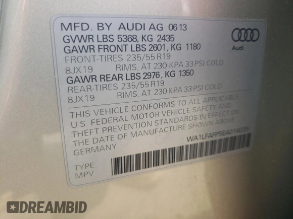 2014 Audi Q5 Premium Plus with VIN WA1LFAFP5EA014039, listed as a Copart auction lot 58669305 with Not provided miles and Salvage title. Bid and sale history available at DreamBid. Image 12.