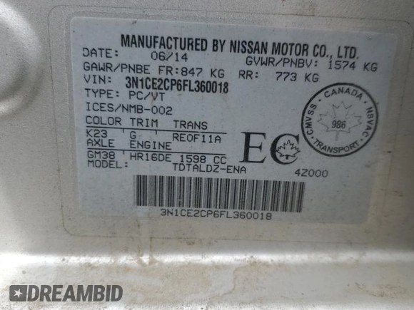 2015 Nissan Note SV with VIN 3N1CE2CP6FL360018, listed as a Copart auction lot 54950115 with 159,307 mi miles and Salvage title. Bid and sale history available at DreamBid. Image 12.