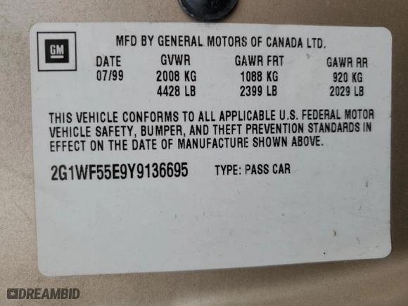 2000 Chevrolet Impala with VIN 2G1WF55E9Y9136695, listed as a Copart auction lot 44970075 with 105,839 mi miles and Salvage Title. Bid and sale history available at carsss.com. Image 13.