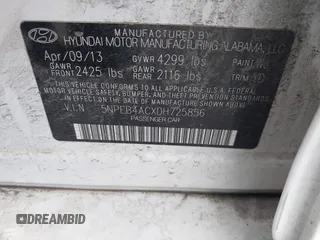 2013 Hyundai Sonata GLS with VIN 5NPEB4ACXDH725856, listed as a IAAI auction lot 41894412 with 137,855 mi miles and . Bid and sale history available at carsss.com. Image 9.