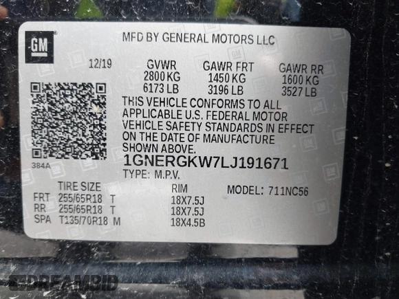 2020 Chevrolet Traverse LT Cloth z VIN 1GNERGKW7LJ191671, wystawiony jako IAAI lot #42384078 z przebiegiem 89 650 mil mil oraz . Historia ofert i sprzedaży dostępna na DreamBid. Obrazek 9.