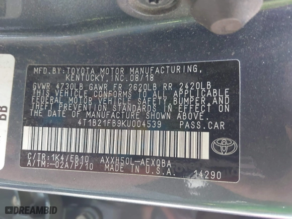 2019 Toyota Avalon Hybrid Limited with VIN 4T1B21FB9KU004539, listed as a IAAI auction lot 41784328 with 99,811 mi miles. Bid and sale history available at carsss.com. Image 9.
