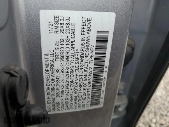 2022 Honda Pilot Touring 7-Passenger with VIN 5FNYF6H69NB019572, listed as a Copart auction lot 55446895 with 82,424 mi miles and Salvage title. Bid and sale history available at DreamBid. Image 13.