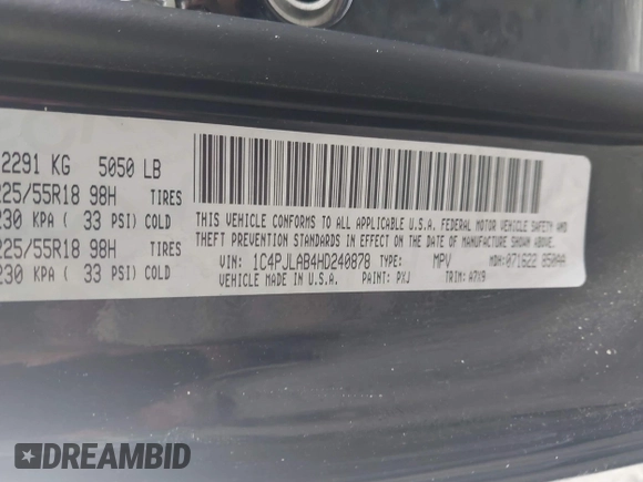 2017 Jeep Cherokee Sport with VIN 1C4PJLAB4HD240878, listed as a IAAI auction lot 41879830 with 162,627 mi miles. Bid and sale history available at carsss.com. Image 9.