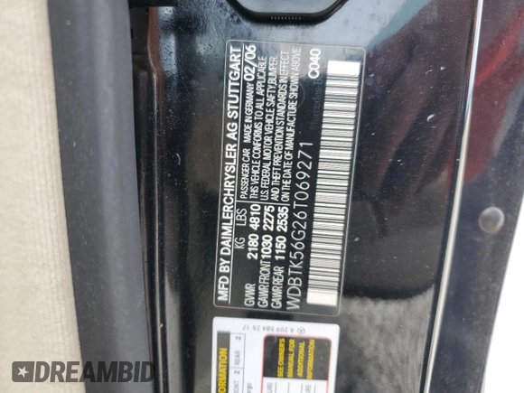 2006 Mercedes-Benz CLK-Class 3.5L with VIN WDBTK56G26T069271, listed as a Copart auction lot 52191604 with 117,124 mi miles and Salvage Title. Bid and sale history available at carsss.com. Image 12.