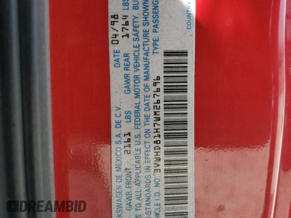 1998 Volkswagen GTI VR6 z VIN 3VWHD81H7WM267696, wystawiony jako Copart lot #71598524 z przebiegiem 150 187 mil mil oraz Szkoda całkowita • Salvage title. Historia ofert i sprzedaży dostępna na DreamBid. Obrazek 15.