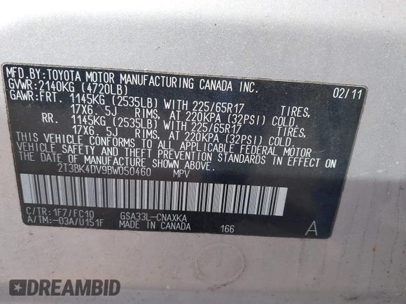 2011 Toyota RAV4 with VIN 2T3BK4DV9BW050460, listed as a IAAI auction lot 41914621 with 196,912 mi miles. Bid and sale history available at carsss.com. Image 9.