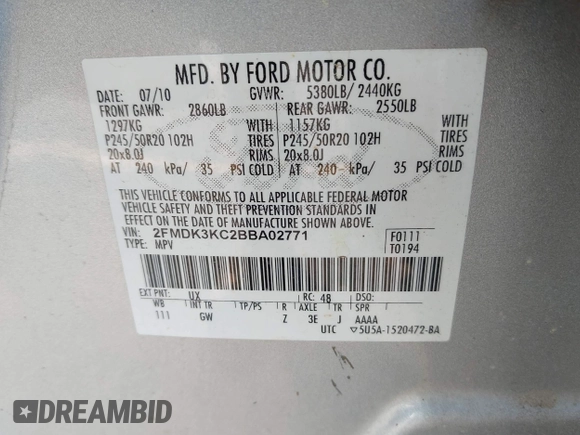 2011 Ford Edge Limited with VIN 2FMDK3KC2BBA02771, listed as a IAAI auction lot 41912552 with 211,747 mi miles. Bid and sale history available at carsss.com. Image 9.