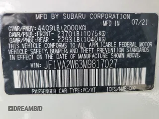 2021 Subaru WRX STI Limited with VIN JF1VA2W63M9817027, listed as a Copart auction lot 68717084 with 9,306 mi miles and Clean Title. Bid and sale history available at DreamBid. Image 12.