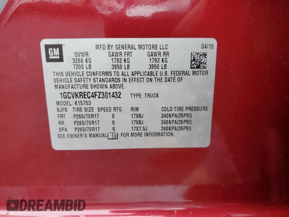 2015 Chevrolet Silverado 1500 LT with VIN 1GCVKREC4FZ301432, listed as a Copart auction lot 57184285 with 186,534 mi miles and Clean Title. Bid and sale history available at DreamBid. Image 12.