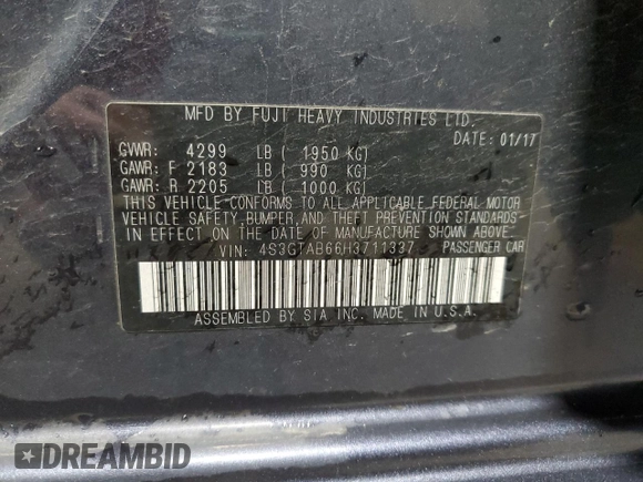 2017 Subaru Impreza Premium z VIN 4S3GTAB66H3711337, wystawiony jako Copart lot #53454715 z przebiegiem 131 102 mil mil oraz Szkoda całkowita • Salvage title. Historia ofert i sprzedaży dostępna na DreamBid. Obrazek 12.