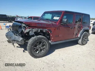 2021 Jeep Wrangler Unlimited Willys with VIN 1C4HJXDG4MW734322, listed as a Copart auction lot 50155775 with 45,963 mi miles and Salvage title. Bid and sale history available at DreamBid. Image 1.