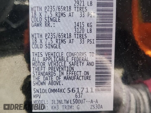 2019 Infiniti QX60 Luxe with VIN 5N1DL0MM4KC561711, listed as a Copart auction lot 57309695 with 46,642 mi miles and Salvage title. Bid and sale history available at DreamBid. Image 13.