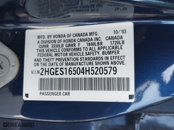 2004 Honda Civic LX with VIN 2HGES16504H520579, listed as a IAAI auction lot 41978506 with 173,511 mi miles. Bid and sale history available at carsss.com. Image 9.