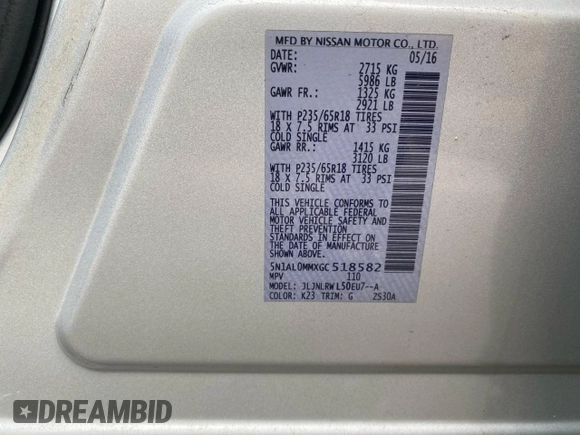 2016 Infiniti QX60 with VIN 5N1AL0MMXGC5185, listed as a Copart auction lot 54984865 with 87,570 mi miles and Clean Title. Bid and sale history available at DreamBid. Image 10.