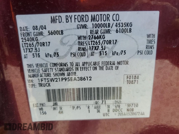 2005 Ford F-250 XL with VIN 1FTSW21P95EA38612, listed as a Copart auction lot 55446725 with Not provided miles and Salvage title. Bid and sale history available at DreamBid. Image 12.