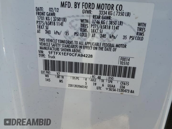 2012 Ford F-150 XL with VIN 1FTFX1EF0CFA94228, listed as a Copart auction lot 52775855 with 150,636 mi miles and Clean Title. Bid and sale history available at carsss.com. Image 12.