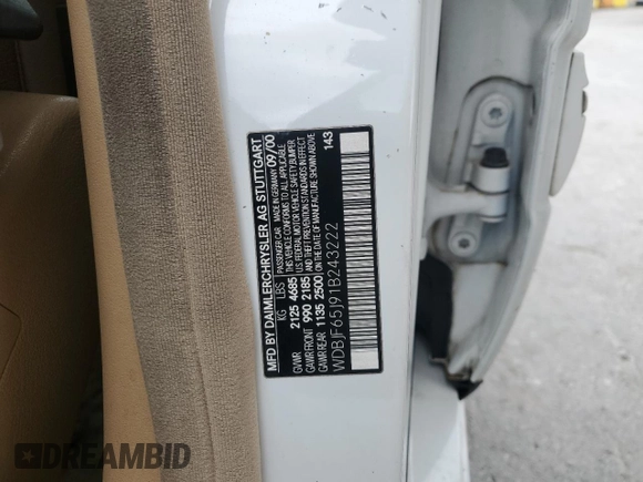 2001 Mercedes-Benz E 320 z VIN WDBJF65J91B243222, wystawiony jako Copart lot #52876235 z przebiegiem 118 428 mil mil oraz Czysty tytuł • Clean title. Historia ofert i sprzedaży dostępna na DreamBid. Obrazek 14.