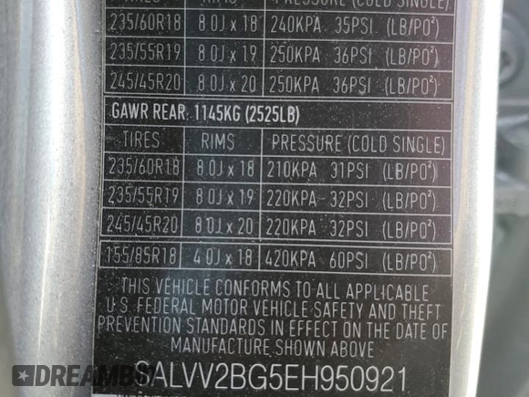 2014 Land Rover Range Rover Evoque Prestige Premium with VIN SALVV2BG5EH950921, listed as a Copart auction lot 57574564 with 151,449 mi miles and Salvage Title. Bid and sale history available at carsss.com. Image 14.