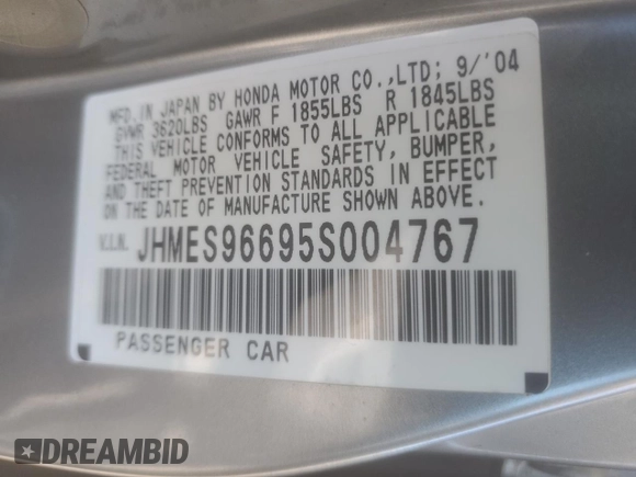 2005 Honda Civic with VIN JHMES96695S004767, listed as a Copart auction lot 49029805 with 130,882 mi miles and Salvage Title. Bid and sale history available at DreamBid. Image 13.