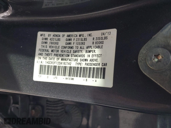 2013 Honda Accord EX с VIN 1HGCR2F72DA160742, выставлен на аукционе IAAI как лот 41810380 с пробегом 162 830 миль миль и . История ставок и продаж доступна на DreamBid. Изображение 9.