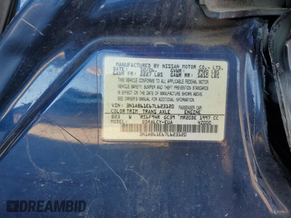 2007 Nissan Sentra 2.0 with VIN 3N1AB61E67L623120, listed as a Copart auction lot 88972365 with 203,299 mi miles and Salvage Title. Bid and sale history available at DreamBid. Image 14.