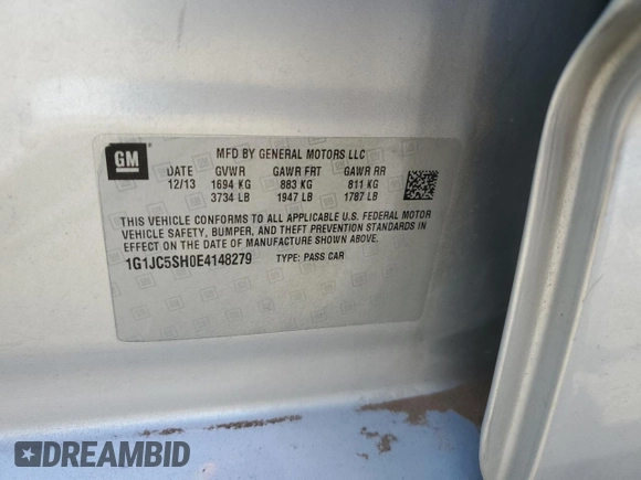 2014 Chevrolet Sonic LT with VIN 1G1JC5SH0E4148279, listed as a Copart auction lot 52308785 with 96,175 mi miles and Salvage Title. Bid and sale history available at DreamBid. Image 12.