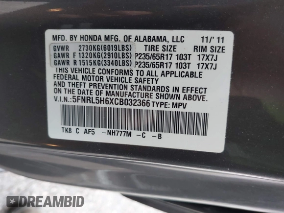 2012 Honda Odyssey EX-L with VIN 5FNRL5H6XCB032366, listed as a IAAI auction lot 41943625 with 73,236 mi miles and . Bid and sale history available at carsss.com. Image 9.